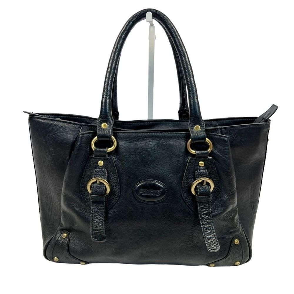 Findig Black Leather Dual Handle Gold Lining 3 Compartment Shoulder Bag 14” x 9”